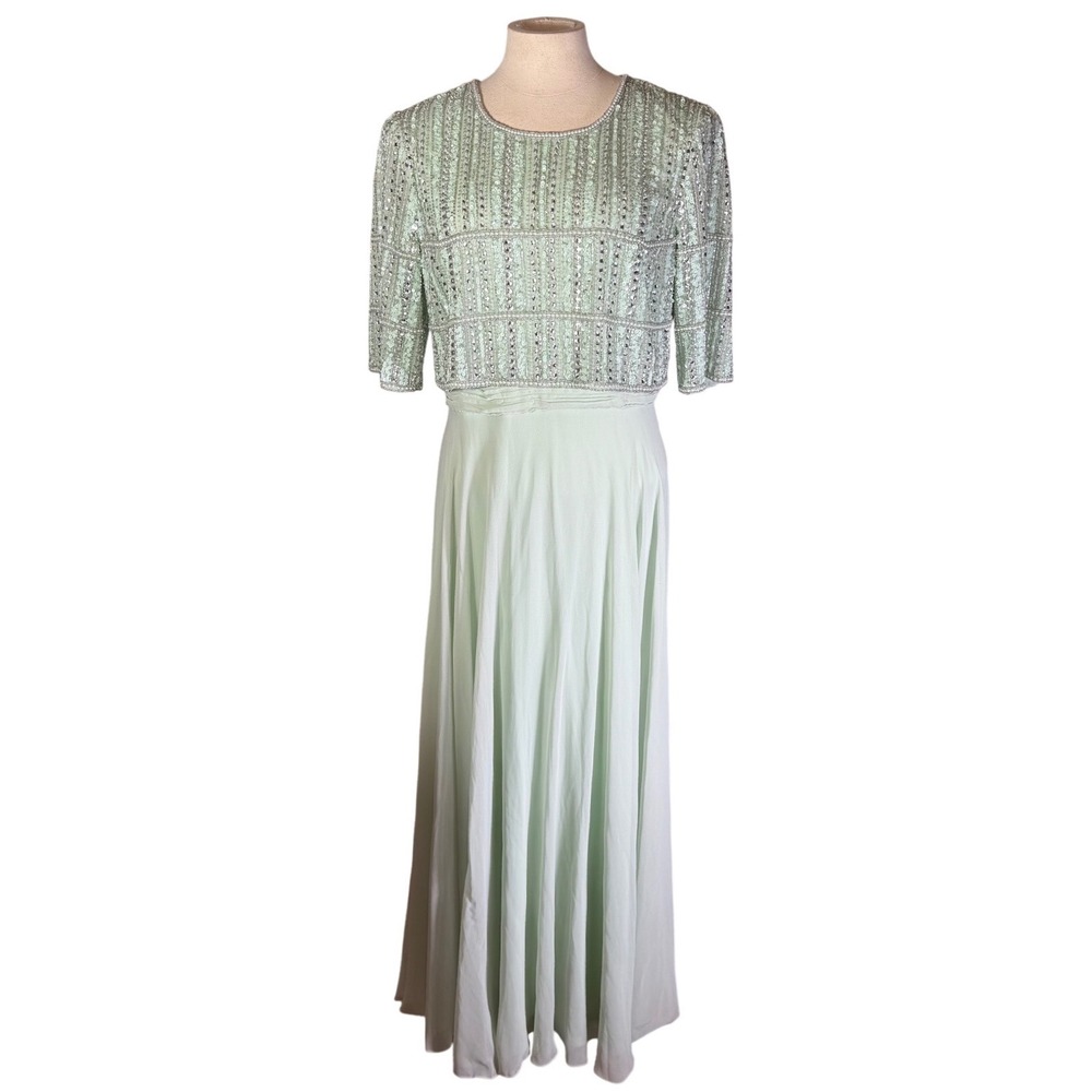 NWOT Mac Duggal Womens Mint Green Sequin Beaded Chiffon Evening Gown Dress Sz 10